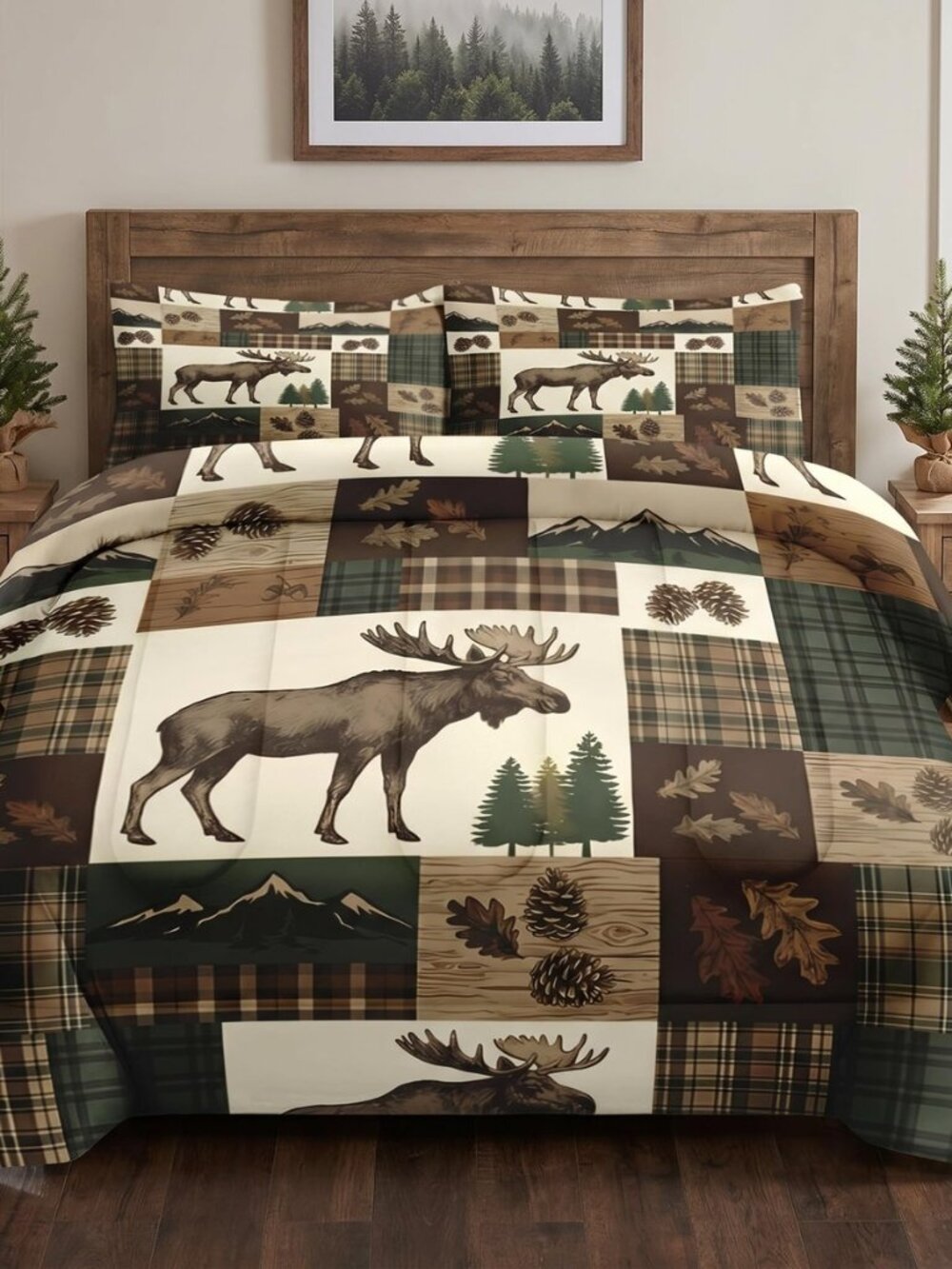 King Comforter Set, 3 Pieces Rustic Plaid Bedding Set
